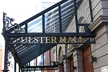 Detail of the Ulster Hall's wrought-iron entrance canopy. Ulster Hall, Belfast, May 2010.JPG