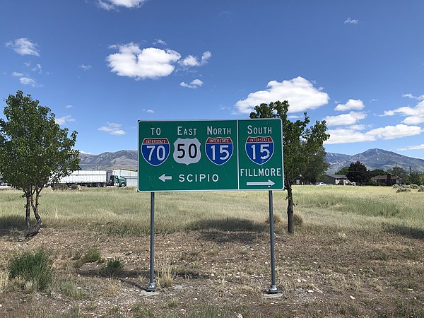 Sign at the junction of U.S. Route 50 with Utah State Route 64 in Holden, Utah. SR 64 is a short connector between US 50 and Interstate 15. This sign 