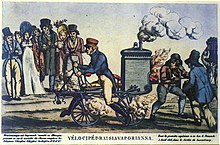 Earliest motorcycle engine concept. This 1818 caricature was thought for many years to be entirely fanciful, until the Michaux-Perreaux, Roper and other steam cycles were rescued from obscurity, and the stories of the early steam cycle experiments were rediscovered. There were no steam motorcycles in 1818, but there soon would be. Velocipedraisiavaporianna - 1818 engraving of steam hobby horse.jpg