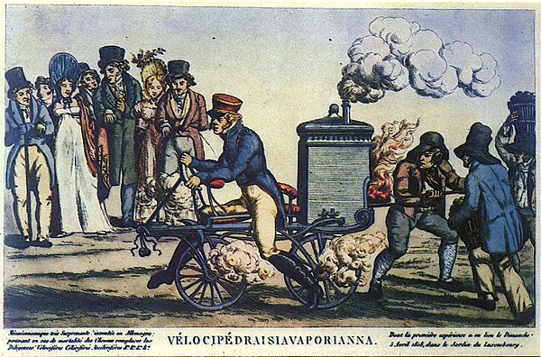 Earliest motorcycle engine concept. This 1818 caricature was thought for many years to be entirely fanciful, until the Michaux-Perreaux, Roper and oth