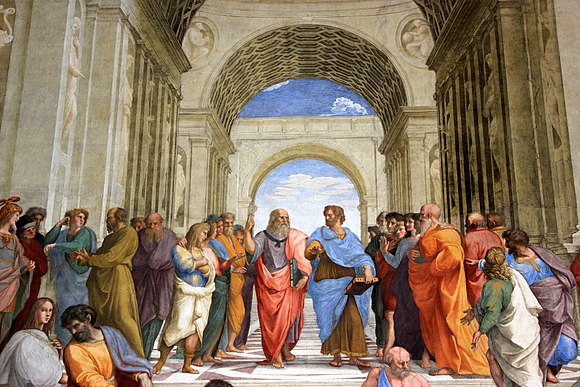 The School of Athens, a famous fresco by the Italian Renaissance artist Raphael, with Plato and Aristotle as the central figures in the scene.