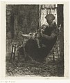 Femme avec un enfant endormi sur les genoux, assise près d'une fenêtre dans un intérieur (eau-forte).