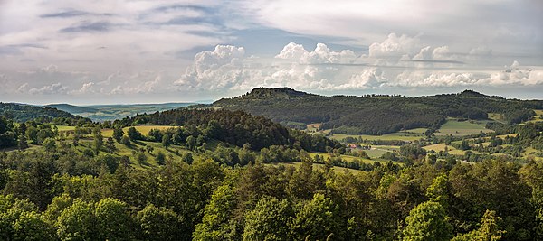 View from the Weinhügel in the Franconian Switzerland to the back of the Staffelberg