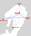 Ferry routes. Blue marks services that run every day; green is weekend-only services.