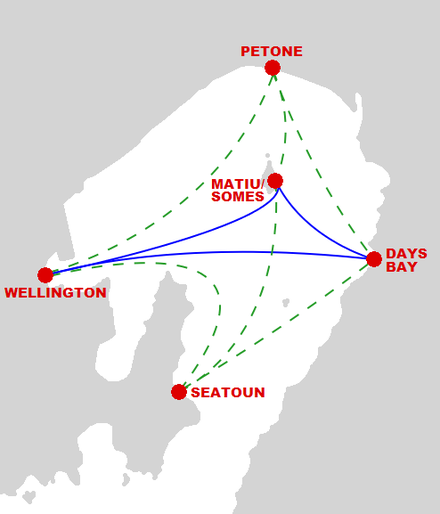 Ferry routes. Blue marks services that run every day; green is weekend-only services.