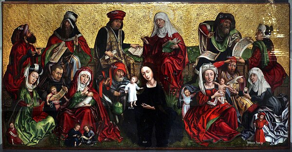 The extended family of Saint Servatius, including Jesus, Mary, John the Baptist and Saint Anne (16th-century panel, Treasury of the Basilica of Saint 