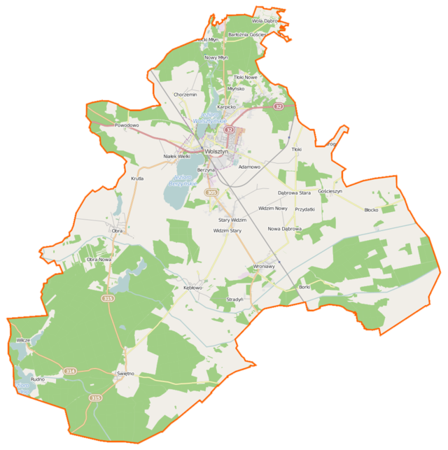 Mapa konturowa gminy Wolsztyn, po lewej nieco u góry znajduje się punkt z opisem „Lądowisko Powodowo”