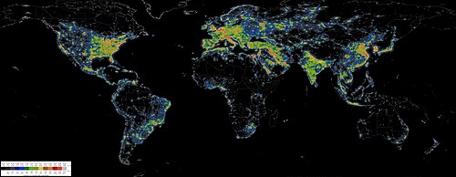 World map of light pollution. False colors show intensities of skyglow from artificial light sources around the world. World light pollution.jpg