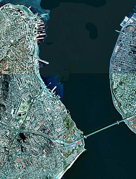 Satellite view of the Narrows. Staten Island is on the left, and Brooklyn is on the right, connected by the Verrazzano-Narrows Bridge.