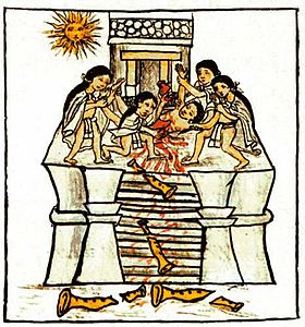 Nuevu ufiertáu a Tezcatlipoca Huitzilopochtli pa la ceremonia del Toxcatl. Códiz Florentino, Reporte español per parte de Frai Bernardino de Sahagún, 1590.