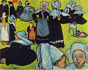 Émile Bernard, Mulheres Bretãs no Prado,  Agosto de 1888. Bernard trocou esta pintura com Gauguin, que a levou para Arles no Outono de 1888, quando se juntou a van Gogh, o qual gostava deste estilo. Van Gogh pintou uma cópia em aguarela para o seu irmão Theo.