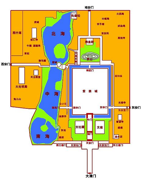 Outline of Beijing's Imperial City. The large white space on the right is the Forbidden City.