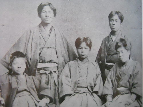 1883年（明治16年）11月、東京・新橋での記念写真。前列左より藤野潔（古白）、安長知之、正岡子規、後列左より三並良、太田正躬。Wikipediaより