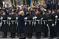 Straż Honorowa (w mundurach sił lądowych i powietrznych) podczas obchodów 100. rocznicy odbudowy Państwa Litewskiego