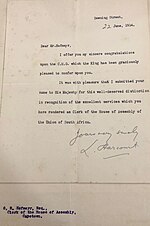 Thumbnail for File:1914 Letter from Downing Street to GR Hofmeyr conferring the title of Companion of the Order of St Michael and St George 22 June 1914.jpg