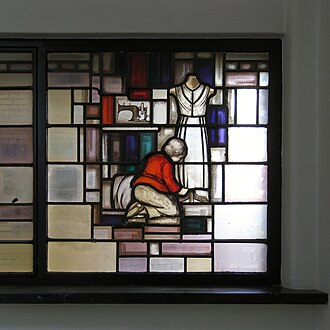 Stained glass window depicting household skills that would have been taught at the Princess Juliana school 20140411 Glas-in-loodraam Hoendiepskade 23-24 (vm huishoudschool Prinses Juliana) Groningen NL.jpg