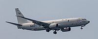 A US Navy P-8 Poseidon, tail number 168756, on final approach at Kadena Air Base in Okinawa, Japan.