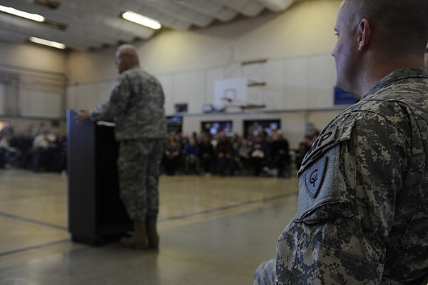 MG R. Martin Umbarger addresses the 939th Military Police Detachment during their departure ceremony on March 28, 2015
