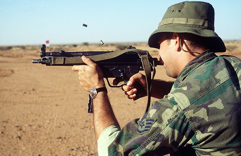 File:A U.S. Air Force SSGT fires a 9-mm HK MP5 sub-machine gun at a firearms demonstration during exercise Bright Star '82 DF-ST-82-10100.jpg