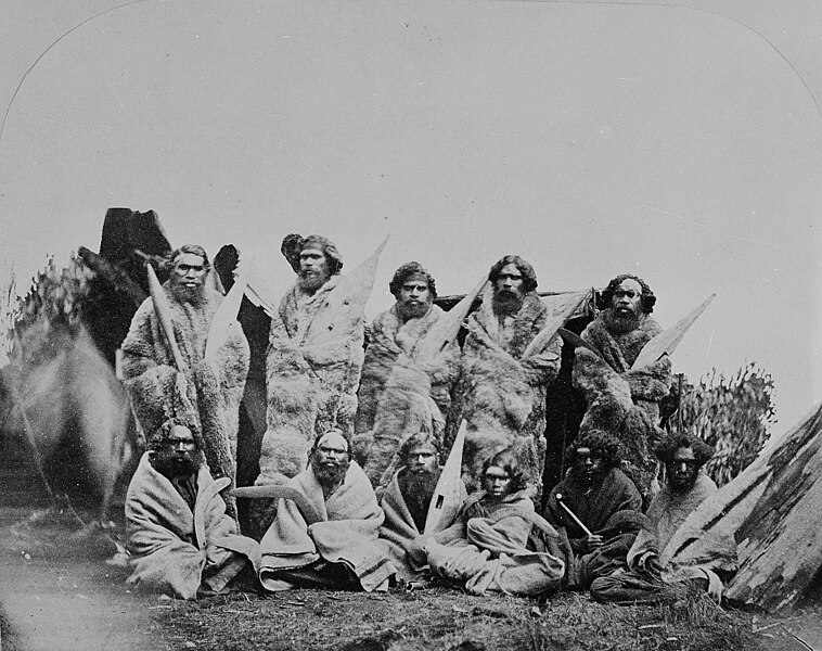 File:A group of Aboriginal men in possum skin cloaks and blankets in 1858 at Penshurst in Victoria.jpg
