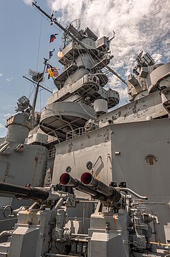 A mast of the USS Massachusetts from below