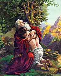 Abraham embraces his son Isaac after receiving him back from God (illustration by O.A. Stemler published 1927 in Standard Bible Story Readers: Book Four) AbrahamIsaac.jpg