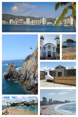 Top, from left to right: Acapulco Bay, La Quebrada, Our Lady of Solitude Cathedral, Isla El Morro at La Condesa beach, Fort of San Diego, Caleta y Caletilla, and Hotels in Diamante.