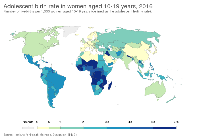 Adolescent birth rate in women aged 10-19 years as of 2016[118]