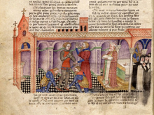 Lancelot knighting his son Gilead (Galahad) accompanied by Lionel and Bohort (Bors) in the Vulgate Cycle (BNF fr. 343 Queste del Saint Graal) Adoubement de Galaad.png