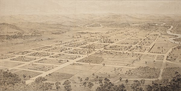 Birds-eye view of Albury, New South Wales, 1881, by Gibbs, Shallard, & Co.