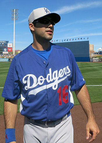 Ethier at a 2013 spring training game against the Seattle Mariners in Peoria, Arizona.