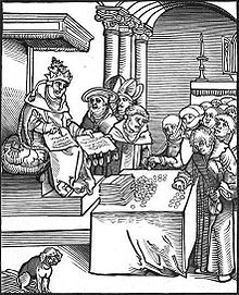 Passional Christi und Antichristi, by Lucas Cranach the Elder, from Luther's 1521 Passionary of the Christ and Antichrist. The Pope as the Antichrist, signing and selling indulgences. Antichrist1.jpg