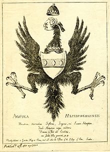 1780 Satirical print of the arms of the Feilding family superimposed on the Habsburg double-headed eagle lacking one head, dedicated to the Garter King of Arms and mocking the family's pretensions at ancestral connections to the Habsburg dynasty. Aquila Hapsburghiensis 1780.jpg