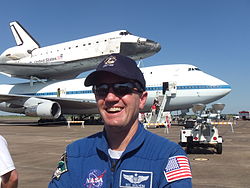 Astronaut Rex Walheim In Front Of Space Shuttle Endeavour