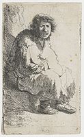 B174, 1630, Beggar seated on a bank. Probably using Rembrandt's features, but not really a self-portrait.