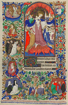 Page from the Bedford Hours, 1423, illumination on parchment, 41 cm x 28 cm. British Library. BLThe Bedford Hours MS Additional 18850 f 150v.jpg
