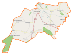 Mapa konturowa gminy Baranów, w centrum znajduje się punkt z opisem „Mroczeń”