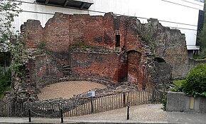 Bastion 14 in London Wall, which is overlooked by the former Museum of London, now closed prior to relocation Bastion 14, London Wall.jpg