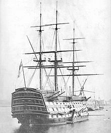 HMS Victory moored in Portsmouth Harbour in 1884 Battleship1.jpg