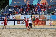 Deutsch: Beachhandball Europameisterschaften 2019 (Beach handball Euro); Tag 6: 7. Juli 2019 – Spiel um Platz Drei, Männer, Ungarn-Russland 2:0 (26:20, 23:22) English: Beach handball Euro; Day 6: 7 July 2019 – Men's Bronze Medal Match – Hungary-Russia 2:0 (26:20, 23:22)