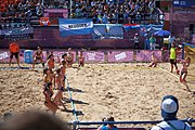 Deutsch: Beachhandball bei den Olympischen Jugendspielen 2018; Tag 3, 10. Oktober 2018; Mädchen, Vorrunde, Gruppe B - Niederlande-Argentinien 2:0 English: Beach handball at the 2018 Summer Youth Olympics at 10 October 2018 – Girls Preliminary Round Group B‎ – Netherlands-Argentina 2:0