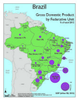 Map of Brazil, with percentages of gross domestic product by federative unit