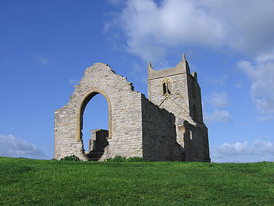 A view of the ruins of St Michael's Church, from near the top of Burrow Mump. Burrow Mump is located in the village of Burrowbridge, in Somerset.