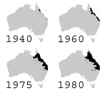 Cane toad (introduced into Australia 1935) spread from 1940 to 1980: it was ineffective as a control agent. Its distribution has continued to widen since 1980. Cane toad distribution stills.png