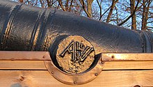 Detail from 12-pound cannon, AW is abbreviation for Ancher & Waern Cannon 12 pound manufactured at Moss Ironworks in Norway, left detail.jpg