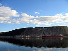 Oceangoing vessel loading rock at Cape Porcupine in the Strait of Canso Cape breton island 3.jpg