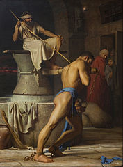 Samson prisonnier des Philistins tourne la meule de la prison, Carl Bloch (1863)