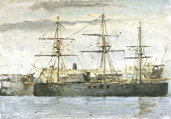 Central battery ironclad of the Royal Navy at anchor, ca.1860