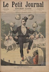 « Le pas du commandité », caricature de Clemenceau figurant en une du supplément illustré du Petit Journal du 19 août 1893 (veille du premier tour des élections législatives).