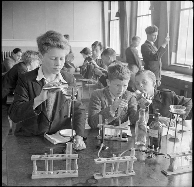 Boys carry out a science experiment at Baldock County Council School in 1944